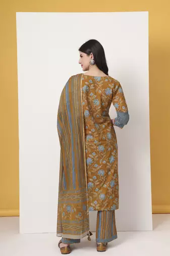 pure cotton mustard kurta dupatta set with lace detailing