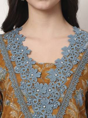 pure cotton mustard kurta dupatta set with lace detailing 4
