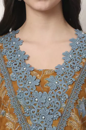 pure cotton mustard kurta dupatta set with lace detailing