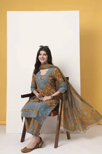 pure cotton mustard kurta dupatta set with lace detailing