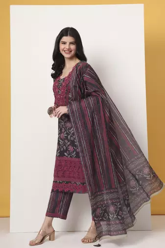 cotton purple kurta dupatta set with lace detailing