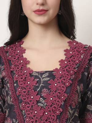 cotton purple kurta dupatta set with lace detailing 4