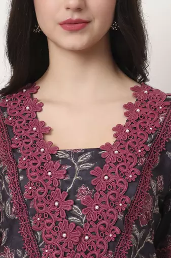 cotton purple kurta dupatta set with lace detailing