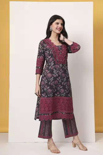cotton purple kurta dupatta set with lace detailing
