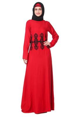 Graphic pattern embellished red rayon abaya 6