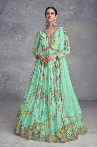 Turqouis handwork embroidery and printed chinon gown- free size stitched(size upto 42")