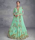 Turqouis handwork embroidery and printed chinon gown- free size stitched(size upto 42")