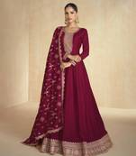 Red embroidered silk semi-stitch anarkali with dupatta