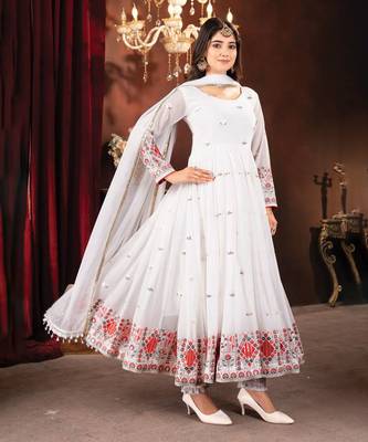 WHITE Faux Blooming EMBROIDERY Anarkali SUIT 1