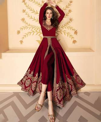 Maroon embroidery zari and dimond georgette anarkali pant- (size upto 42") 1