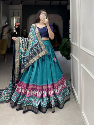 Firozi tussar silk with patola print foil work lehenga choli for women 1