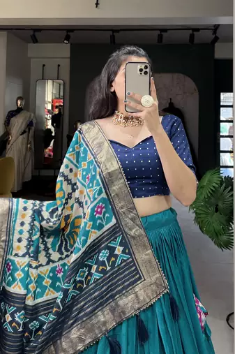 Firozi tussar silk with patola print foil work lehenga choli for women