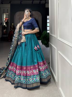 Firozi tussar silk with patola print foil work lehenga choli for women 3