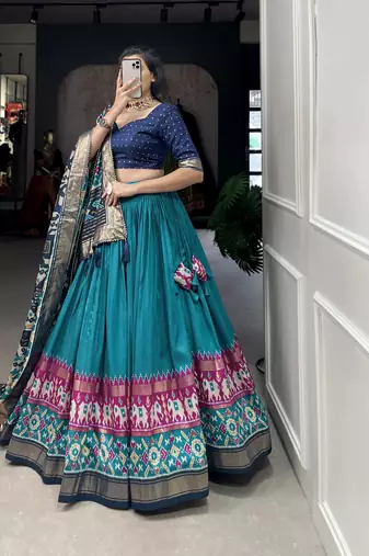 Firozi tussar silk with patola print foil work lehenga choli for women