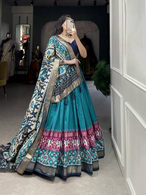 Firozi tussar silk with patola print foil work lehenga choli for women 4