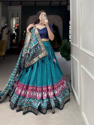 Firozi tussar silk with patola print foil work lehenga choli for women 5