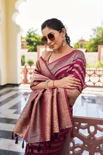 Wine Zari Woven Banarasi Soft Georgette Saree