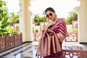 Wine Zari Woven Banarasi Soft Georgette Saree 4