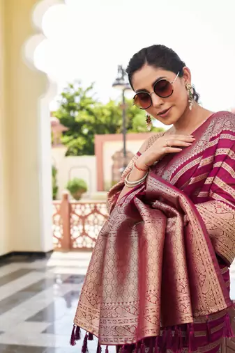 Wine Zari Woven Banarasi Soft Georgette Saree