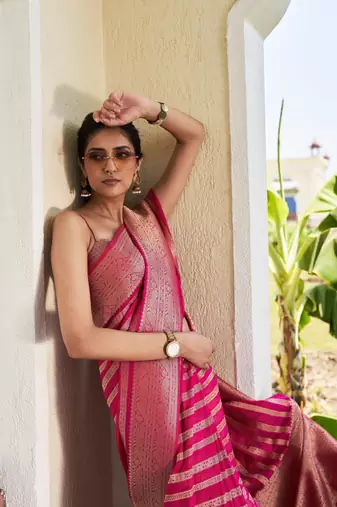 Dark Pink Zari Woven Banarasi Soft Georgette Saree