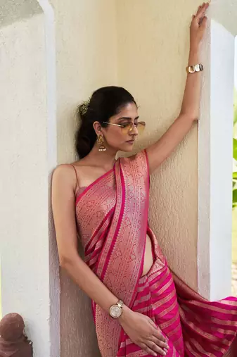 Dark Pink Zari Woven Banarasi Soft Georgette Saree