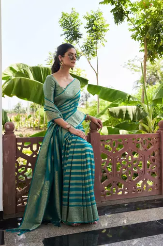 Teal Blue Zari Woven Banarasi Soft Georgette Saree