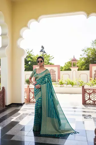 Teal Blue Zari Woven Banarasi Soft Georgette Saree