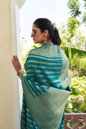 Teal Blue Zari Woven Banarasi Soft Georgette Saree