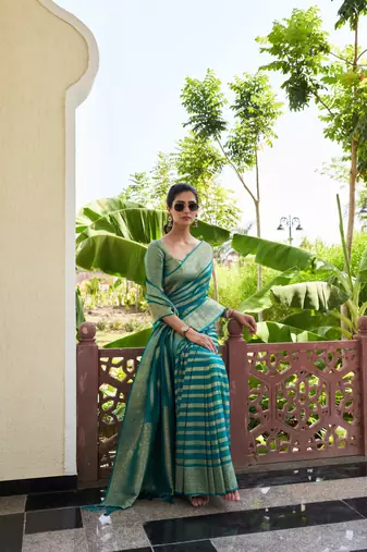 Teal Blue Zari Woven Banarasi Soft Georgette Saree