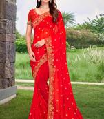 Red embroidered border georgette designer saree with matching blouse piece