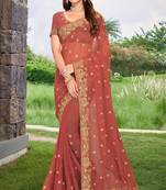 Rust Embroidered Border Georgette Saree With Matching Blouse Piece