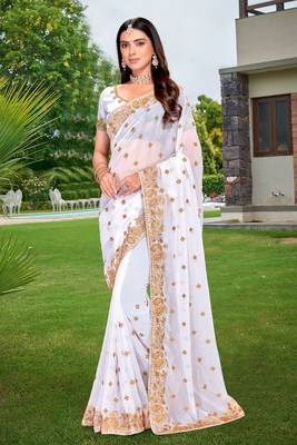 White Embroidered Border Georgette Saree With Matching Blouse Piece 1