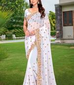 White Embroidered Border Georgette Saree With Matching Blouse Piece