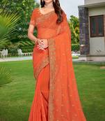 Peach embroidered border georgette designer saree with matching blouse piece