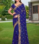 Navy blue embroidered border georgette designer saree with matching blouse piece