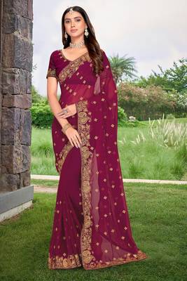Wine Embroidered Border Georgette Saree With Matching Blouse Piece 1