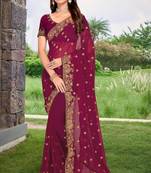 Wine Embroidered Border Georgette Saree With Matching Blouse Piece