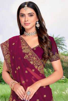 Wine Embroidered Border Georgette Saree With Matching Blouse Piece 2