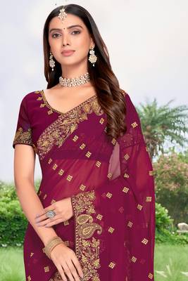 Wine Embroidered Border Georgette Saree With Matching Blouse Piece 3