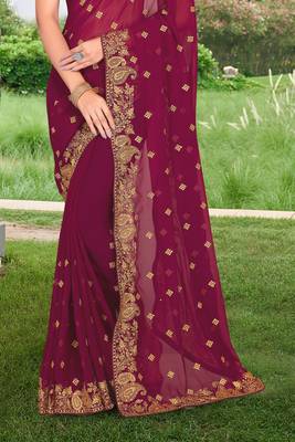 Wine Embroidered Border Georgette Saree With Matching Blouse Piece 4