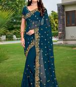 Teal Blue Embroidered Border Georgette Saree With Matching Blouse Piece