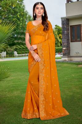 Mustard Embroidered Border Georgette Saree With Matching Blouse Piece 1