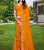 Mustard Embroidered Border Georgette Saree With Matching Blouse Piece