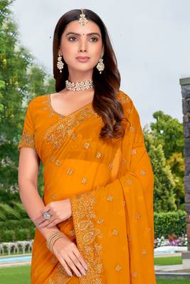 Mustard Embroidered Border Georgette Saree With Matching Blouse Piece 3