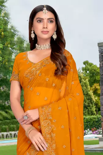 Mustard Embroidered Border Georgette Saree With Matching Blouse Piece