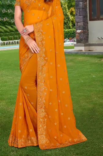 Mustard Embroidered Border Georgette Saree With Matching Blouse Piece