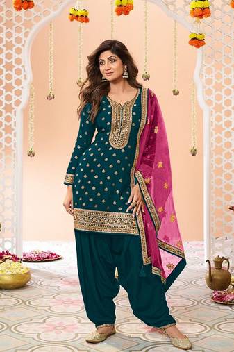 Navy Blue Embroidered Viscose Punjabi Salwar Suit