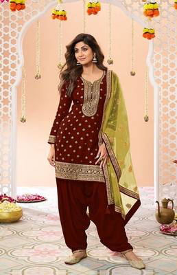 Maroon Embroidered Viscose Punjabi Salwar Suit 1