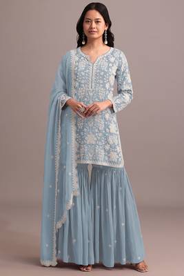 Sky blue embroidered faux georgette sharara suit 1