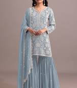 Sky blue embroidered faux georgette semi stitched sharara suit
